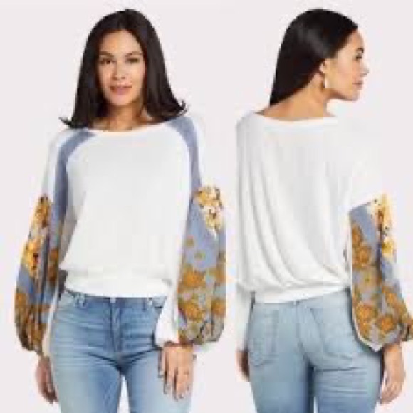 Free People Tops - Free People Waffle Knit Boho Top With Blue Floral Sleeves Size XS